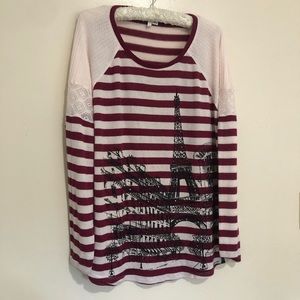 Striped Sweater Paris Theme Graphic Eiffel Tower Size  18/20 W sleeve lace.